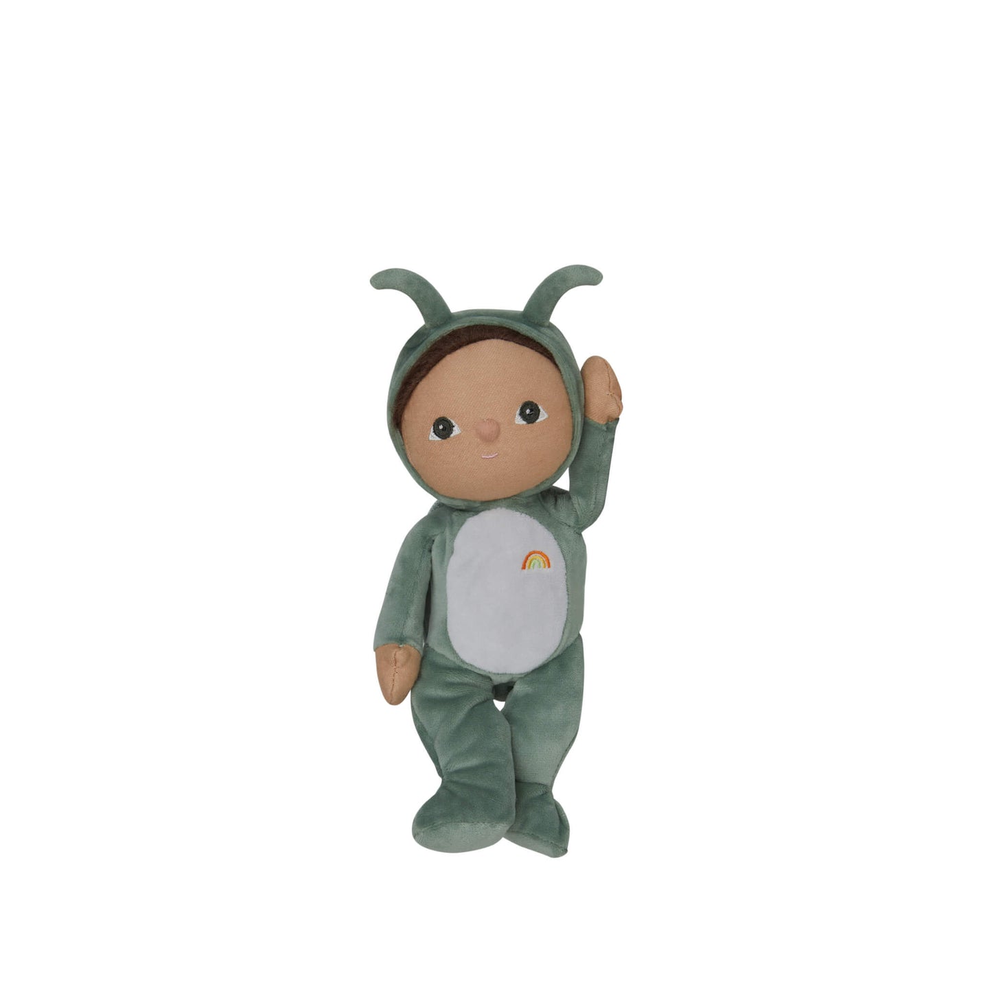 Toy figure of a baby in a green outfit with antler-like headpiece on a white background