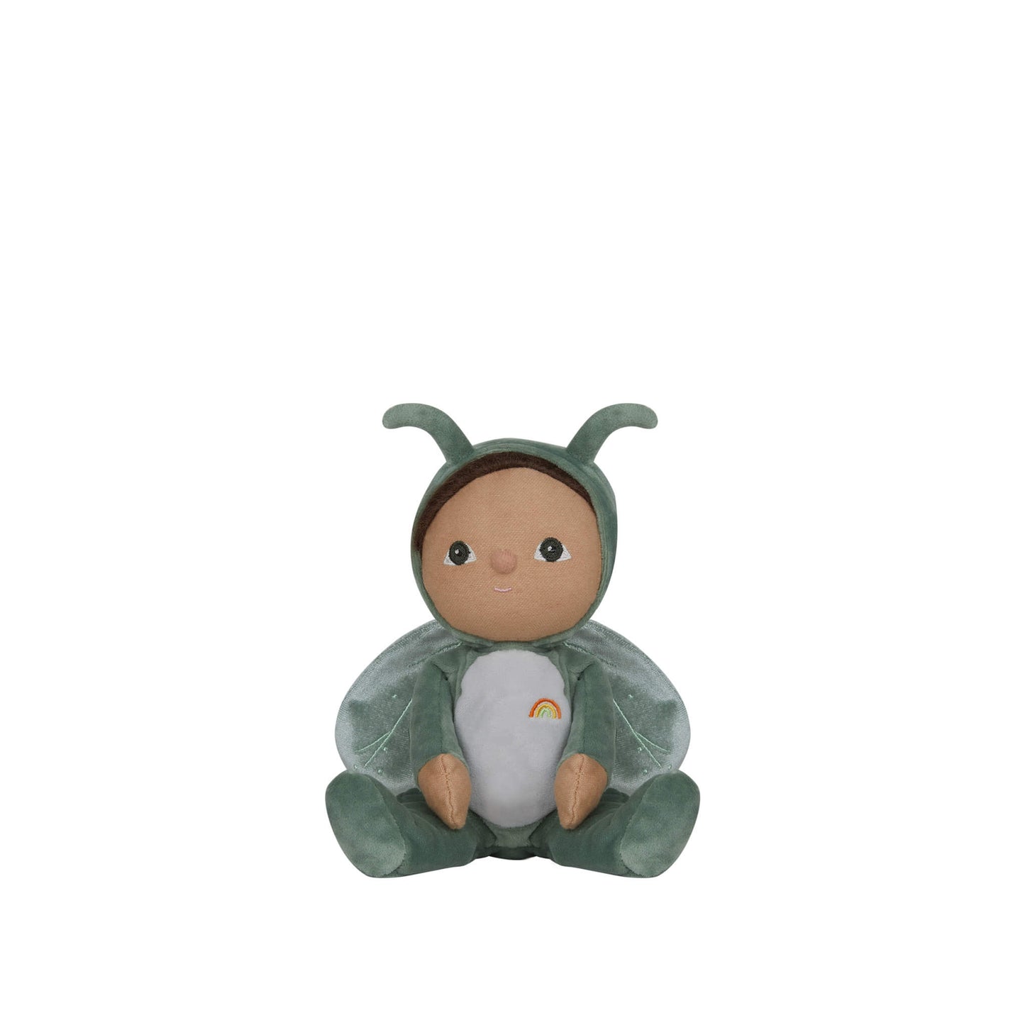 Toy figure of a baby in a green leaf costume on a white background