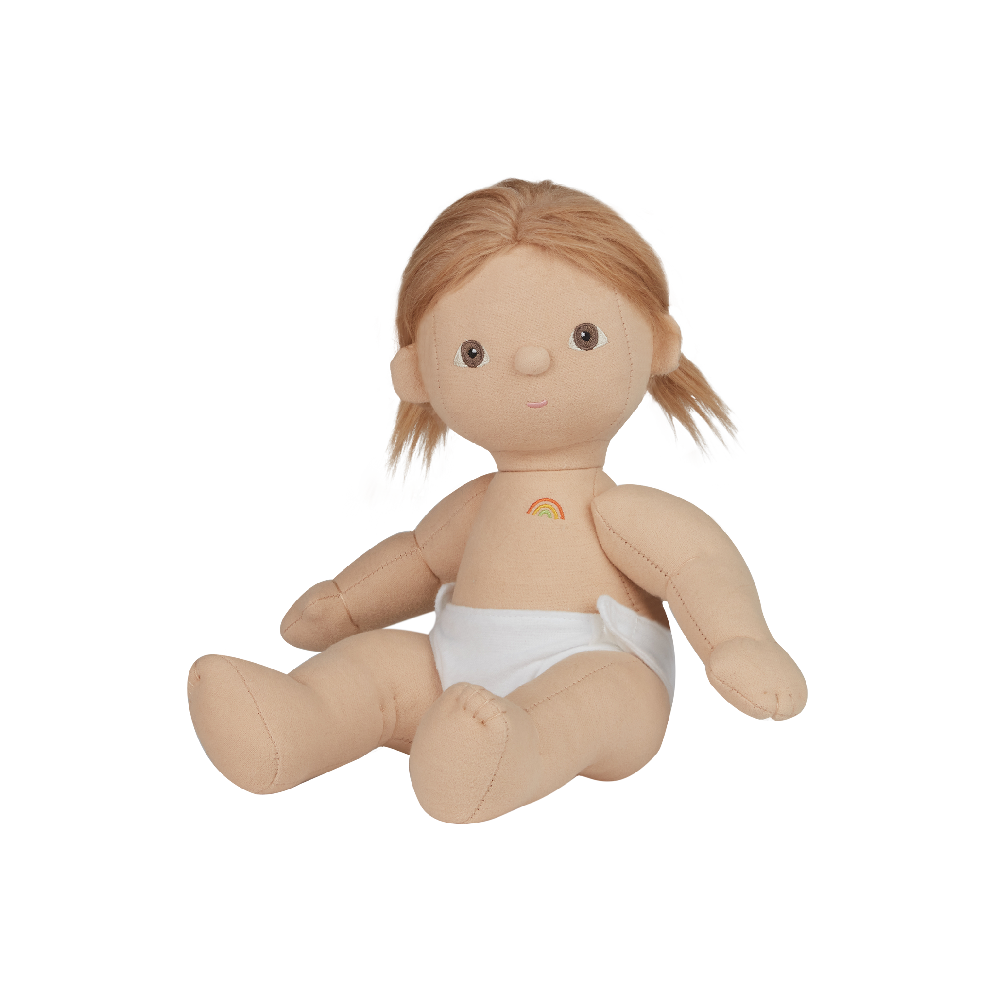 Plush doll with blonde hair and a rainbow on a white background