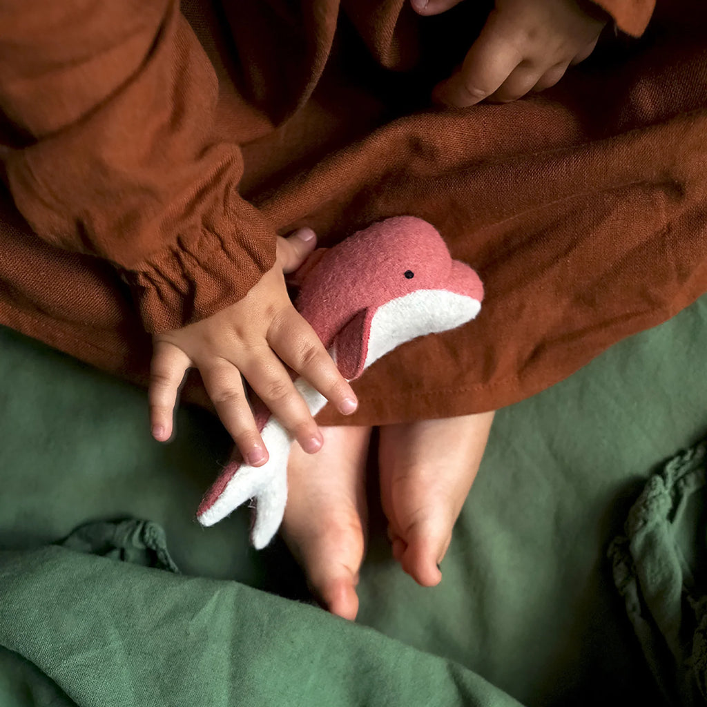 Child holding pink dolphin 