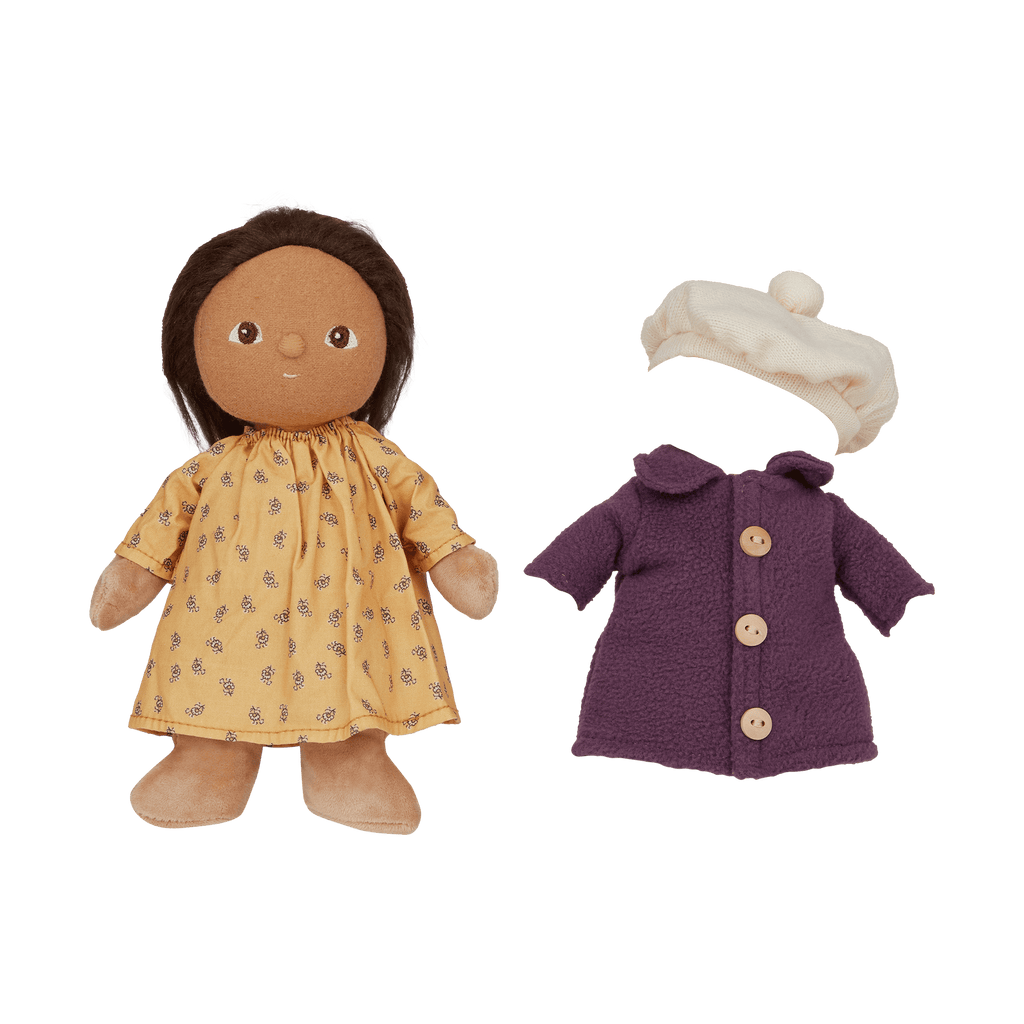 Doll with yellow dress and purple coat on a transparent background
