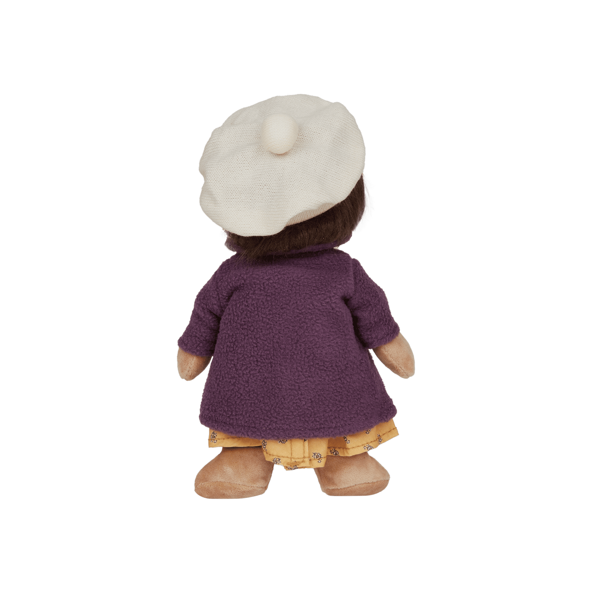 Stuffed toy doll wearing a purple coat and white hat on a transparent background