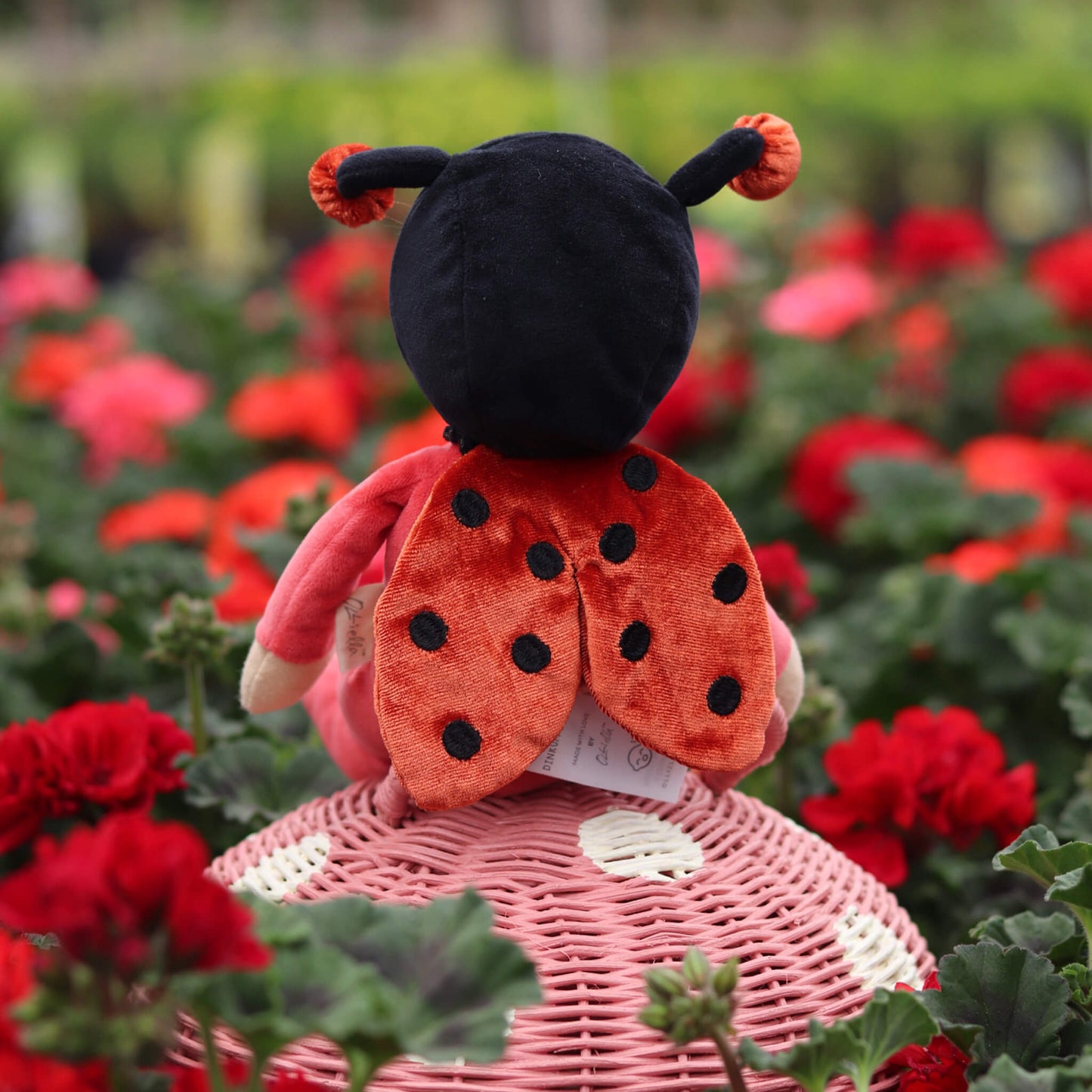 Plush ladybug toy on a pink flower pot with red flowers in the background