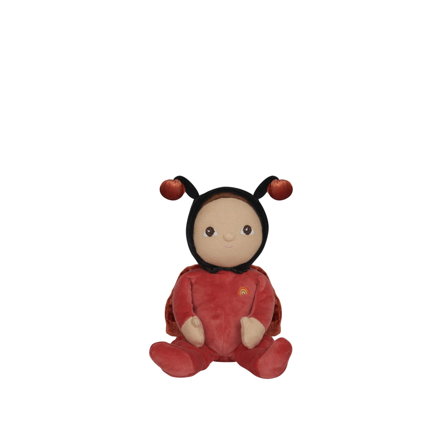Plush toy in a red outfit with black hair on a white background