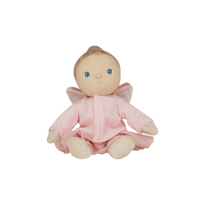 Stuffed toy baby doll in a pink outfit on a transparent background