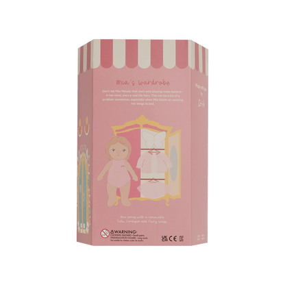 Pink packaging box with a doll and wardrobe illustration on a white background