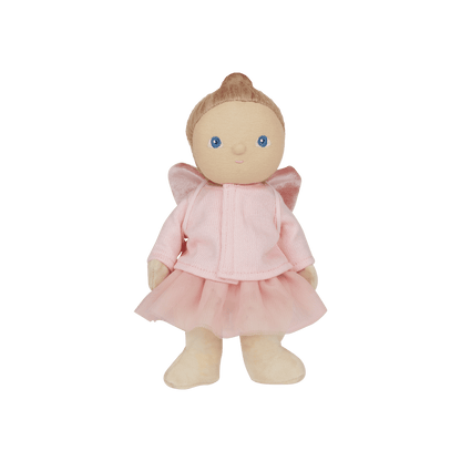 Stuffed doll in a pink outfit with wings on a transparent background