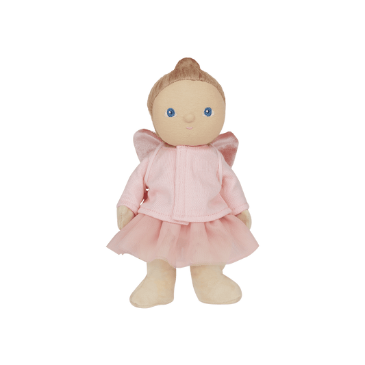 Stuffed doll in a pink outfit with wings on a transparent background