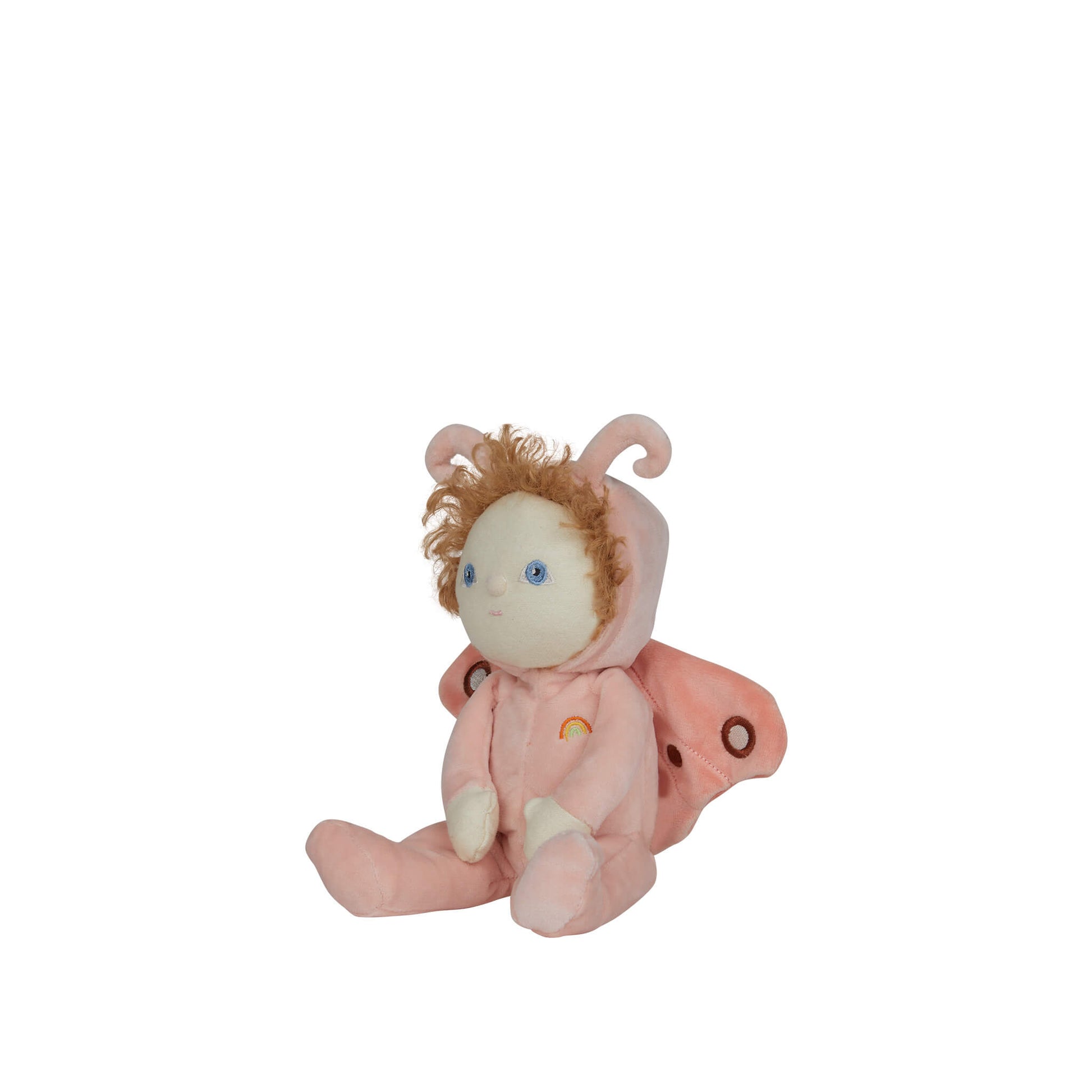 Plush toy doll in a pink outfit on a white background