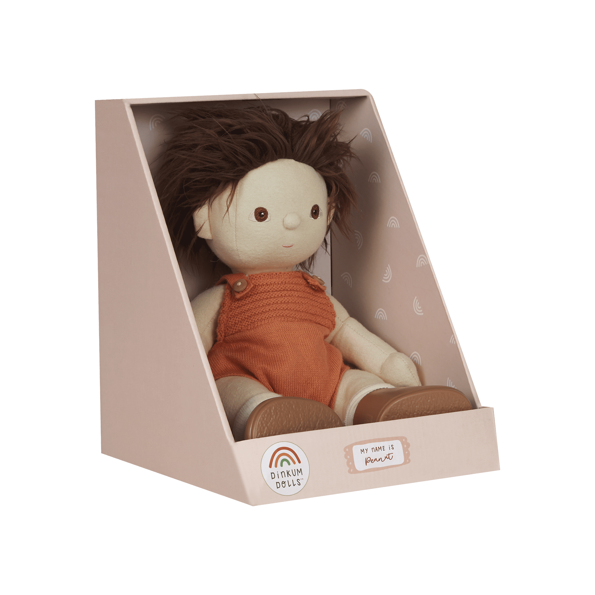 Toy doll in a pink display box with a white background