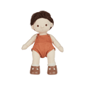 Stuffed doll with brown hair, wearing an orange romper and brown shoes on a transparent background