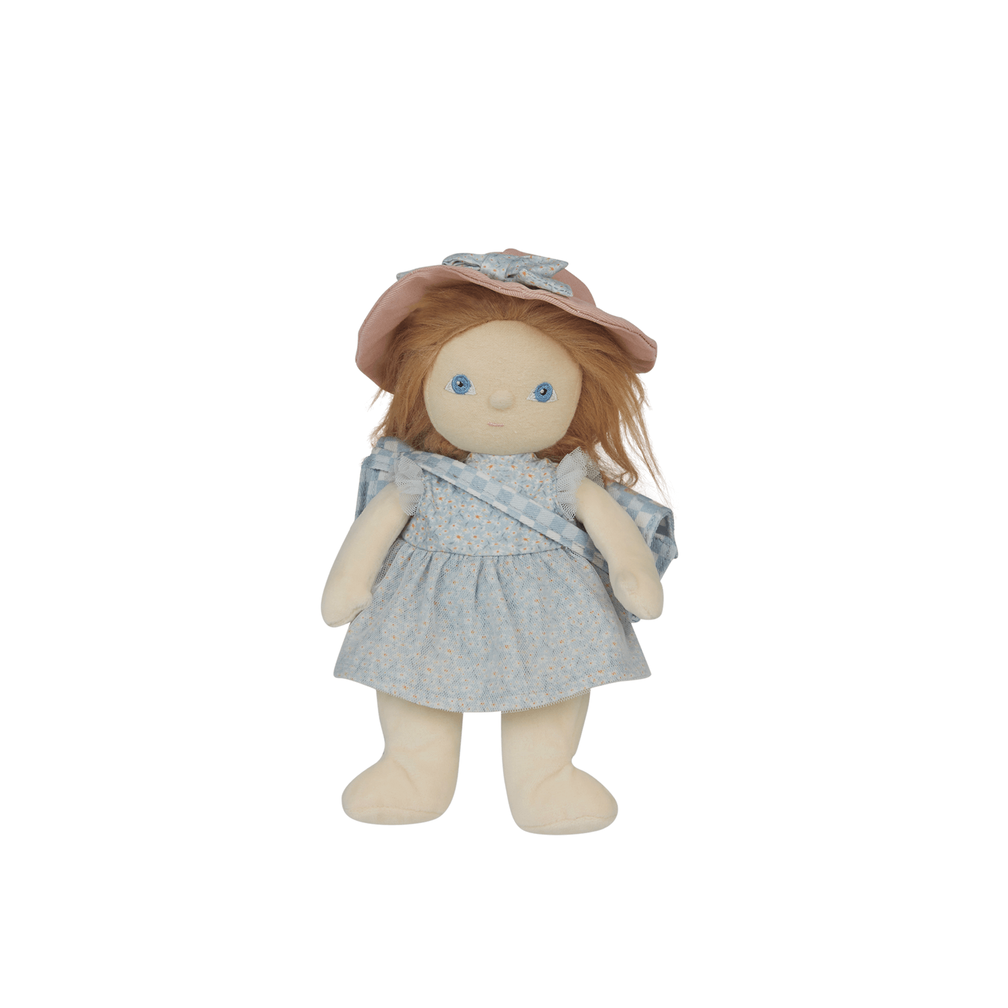 Stuffed doll with a blue dress and pink hat on a white background