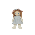Stuffed doll with a pink hat and light blue dress on a white background