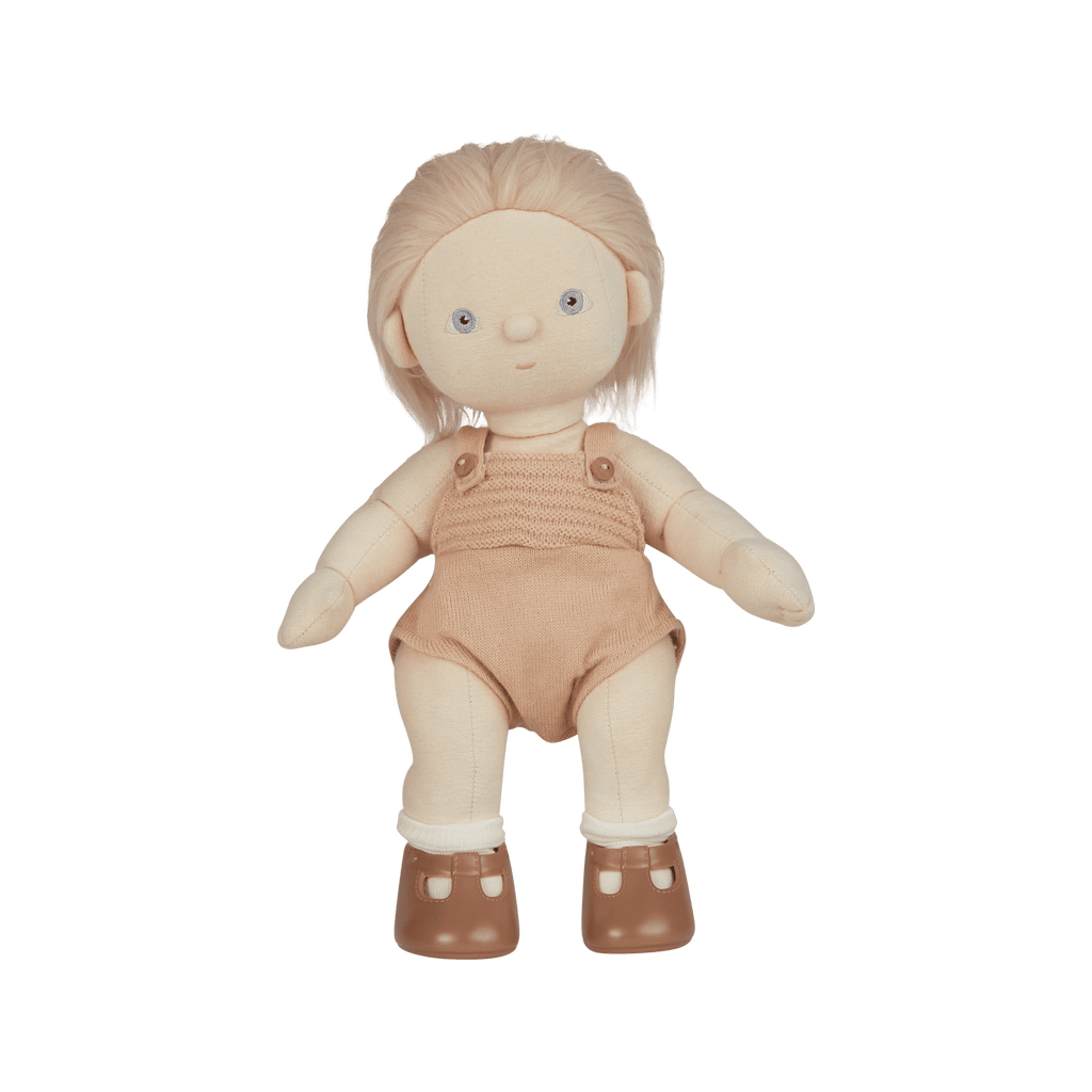 Plush doll with blonde hair, blue eyes, and a beige romper on a transparent background