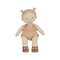 Stuffed doll with a pink outfit on a transparent background