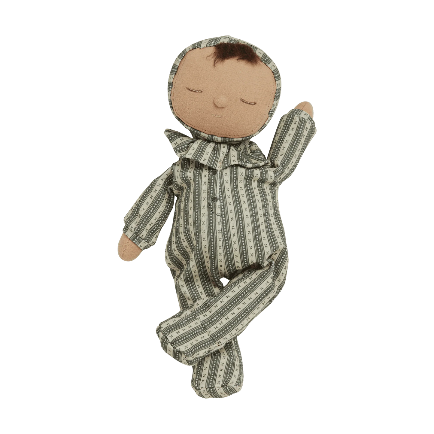 Textile baby doll with green and white striped outfit on a white background