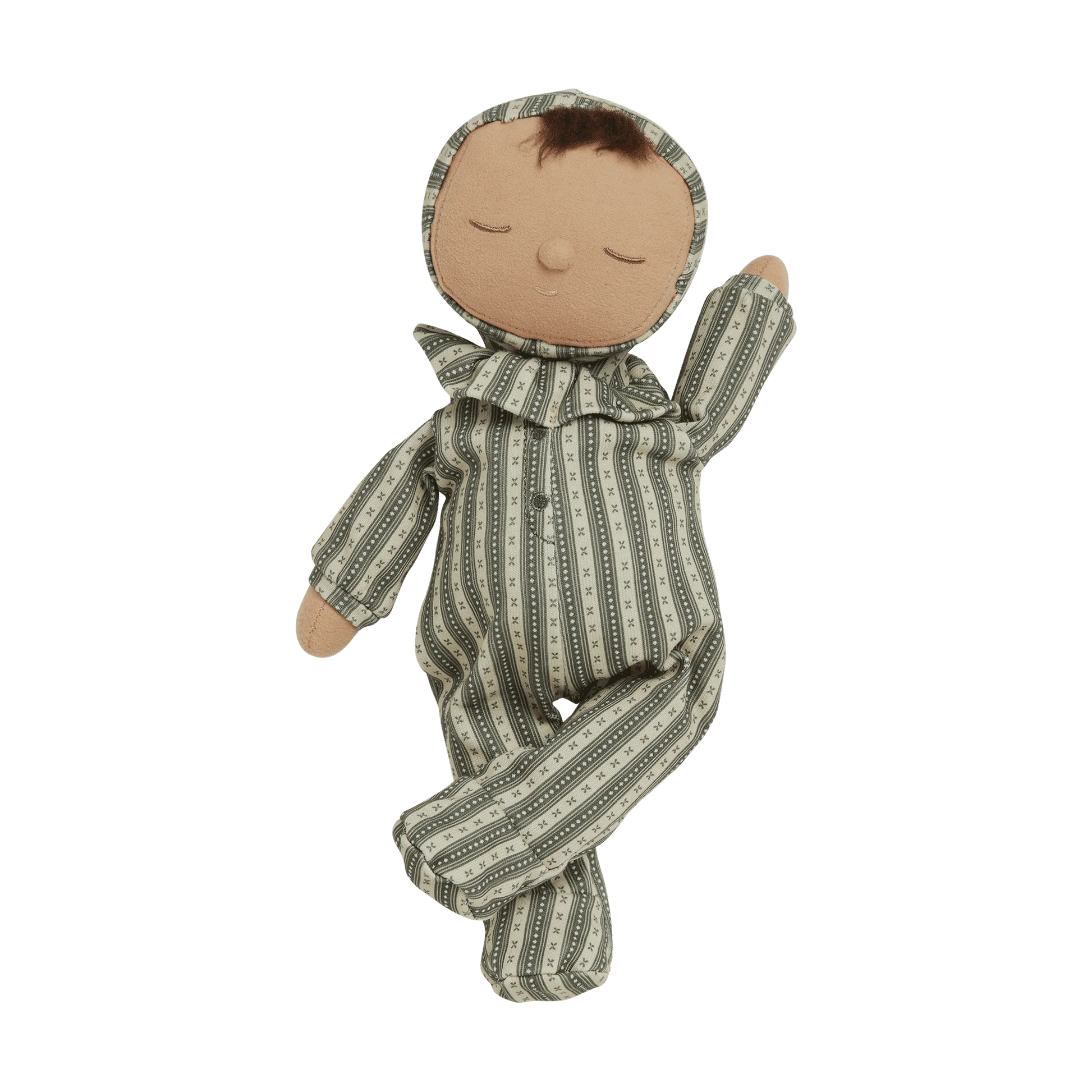 Textile baby doll with green and white striped outfit on a white background