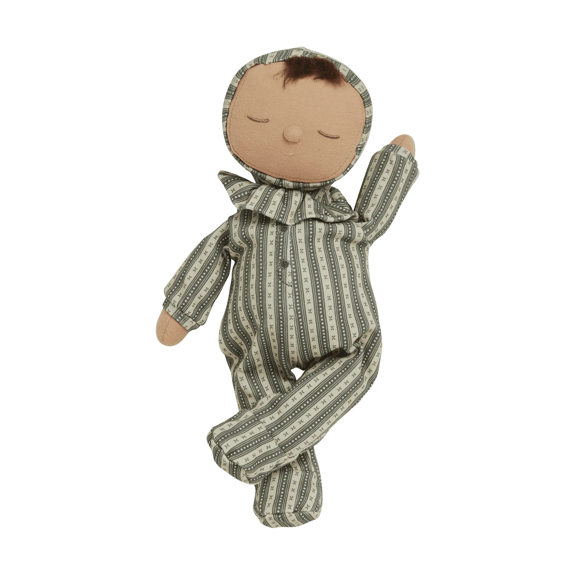 Textile baby doll with green and white striped outfit on a white background