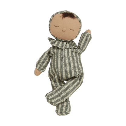 Textile baby doll with green and white striped outfit on a white background