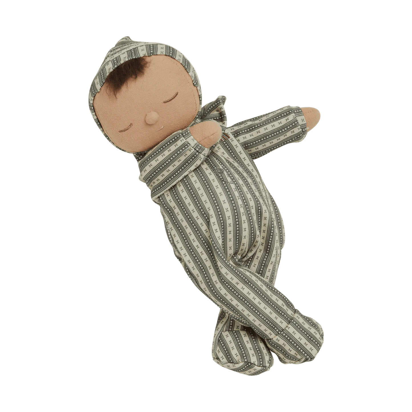 Baby doll wrapped in a striped green and white blanket on a white background