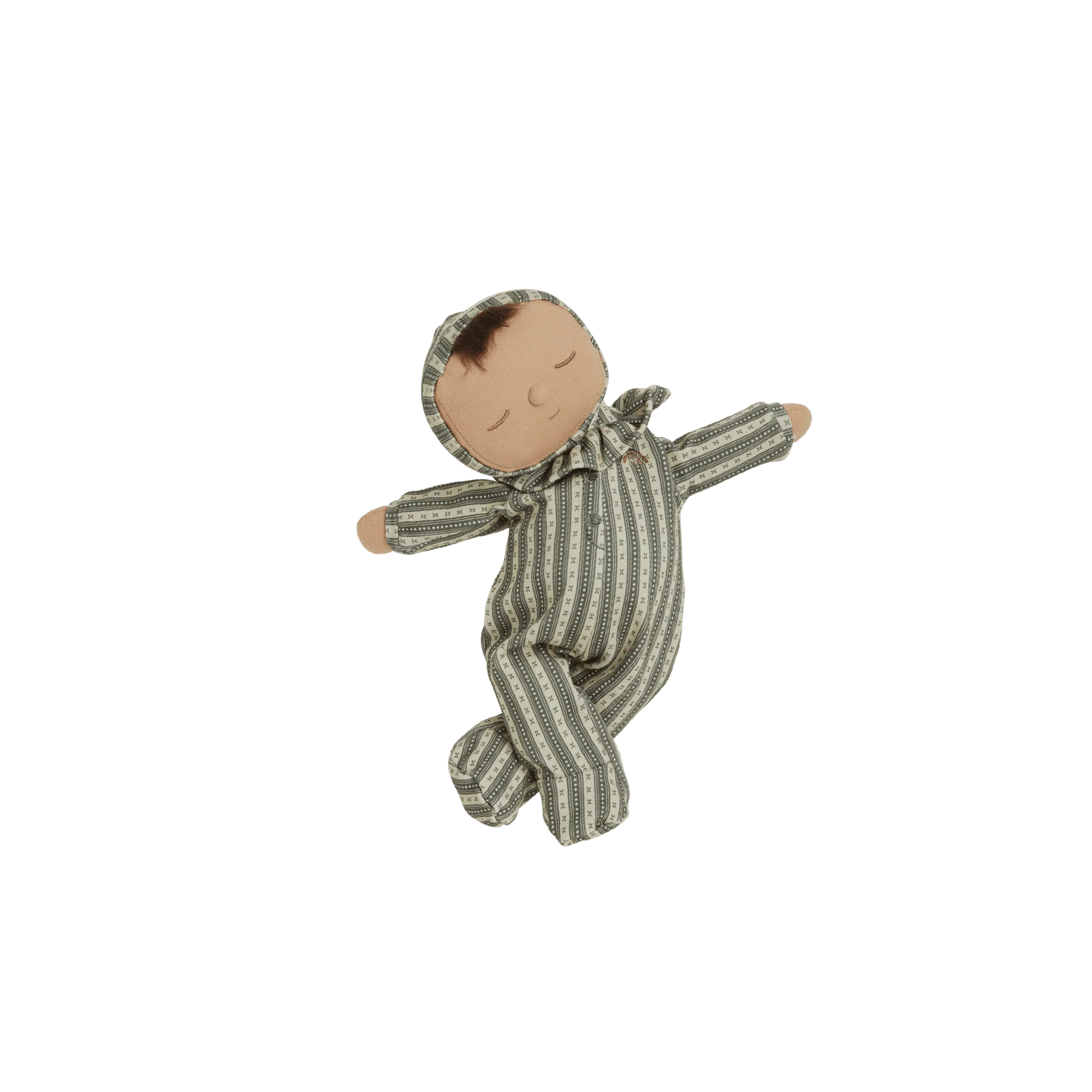 Stuffed toy baby doll in striped pajamas on a white background