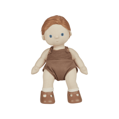 Doll with brown overalls on a transparent background