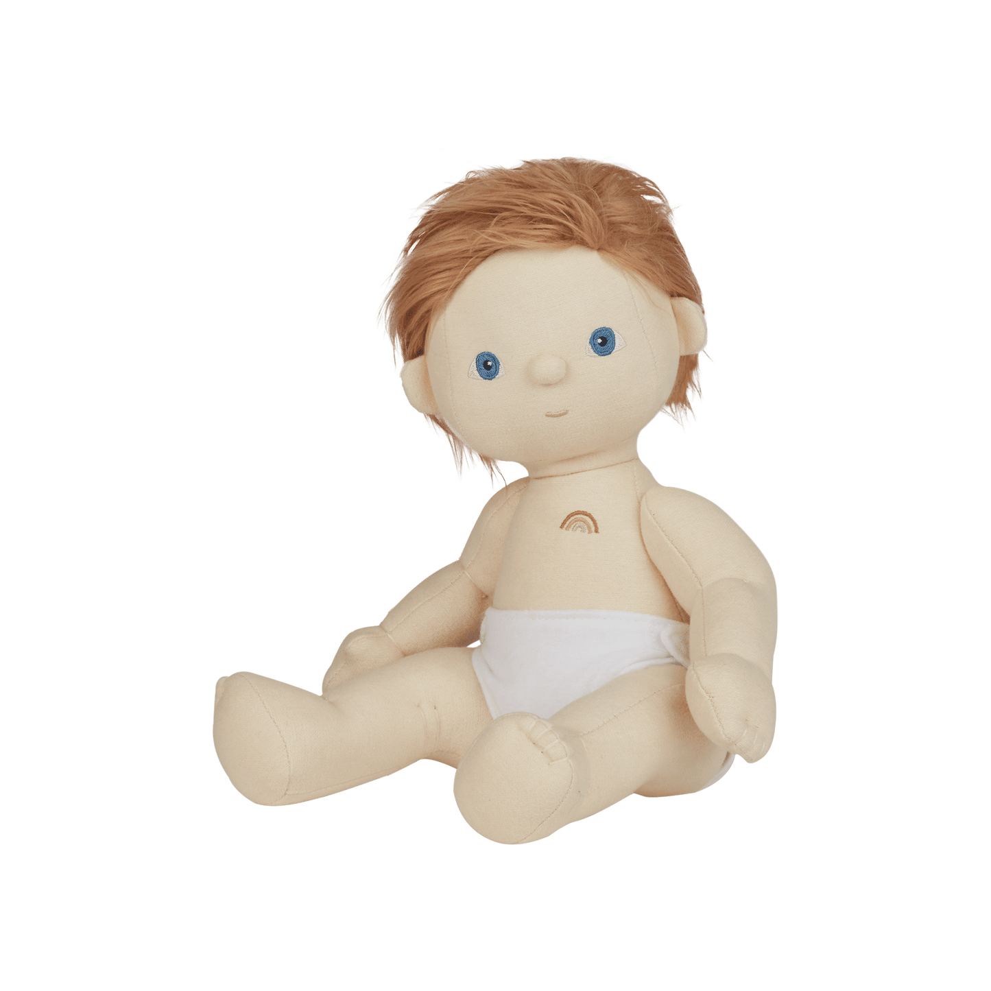 Plush doll with red hair and blue eyes on a transparent background