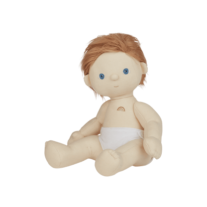 Plush doll with red hair and blue eyes on a transparent background