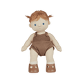 Toy doll with red hair wearing a brown outfit on a transparent background
