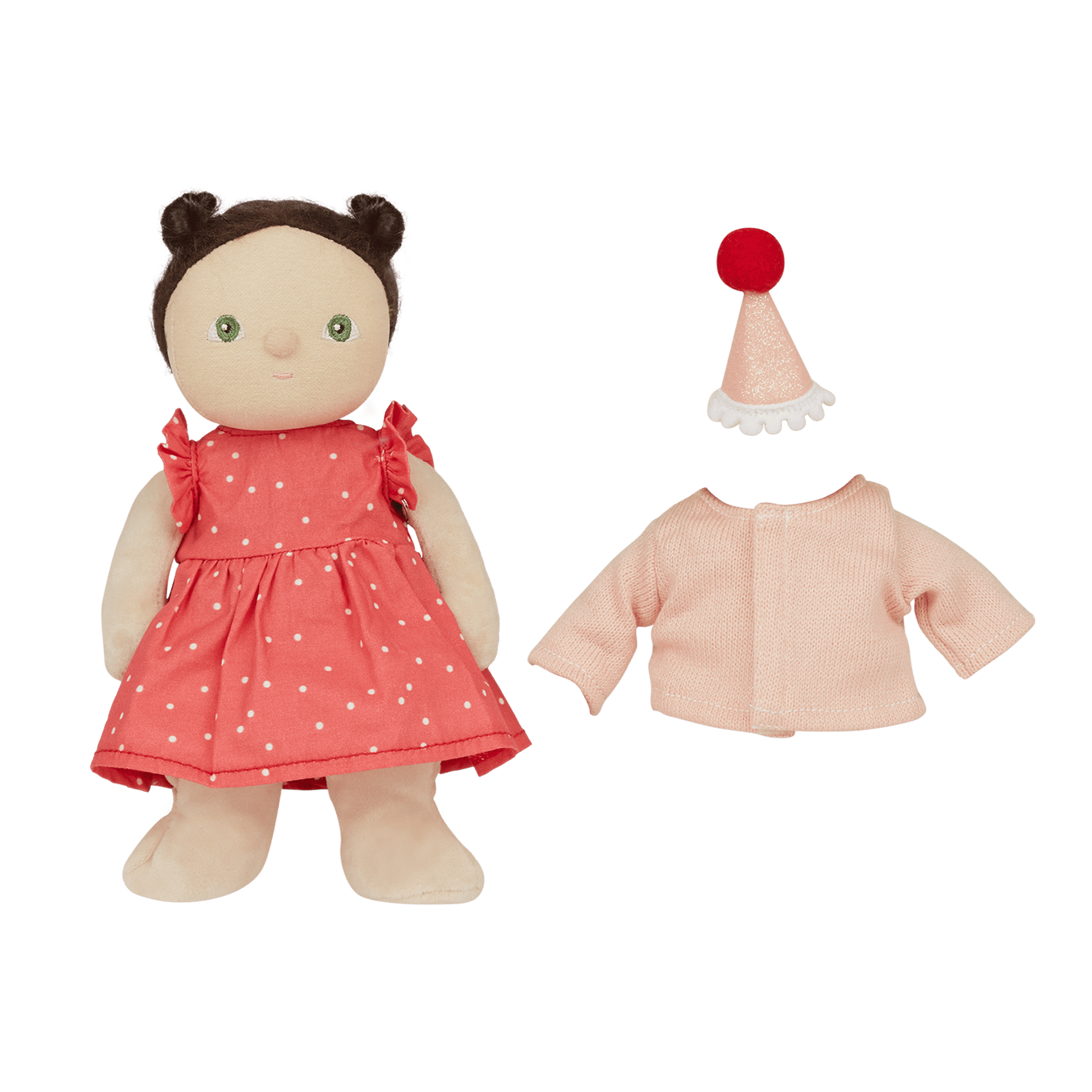 Stuffed doll with red dress and accessories on a transparent background