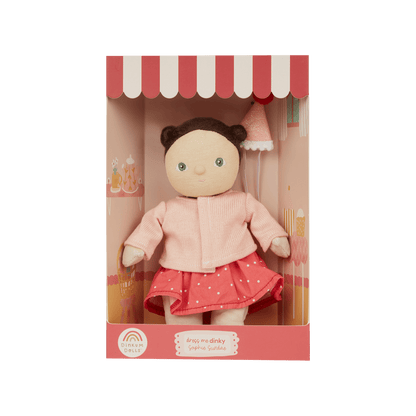 Doll in a pink outfit with a red and white striped canopy in a clear box on a white background