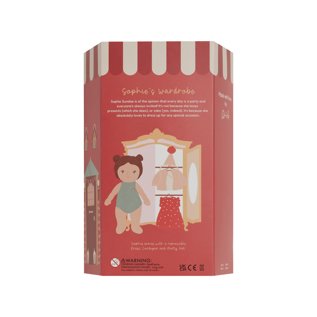 Product packaging for a doll with a red and white striped design on a white background