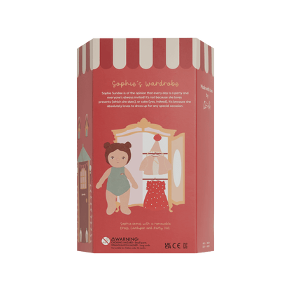 Product packaging for a doll with a red and white striped design on a white background