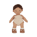 Toy doll with brown hair, beige romper, and brown shoes on a transparent background