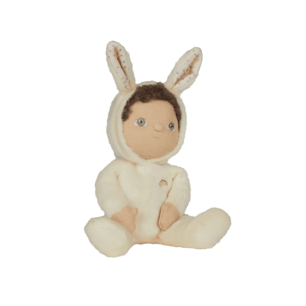 Stuffed toy resembling a baby in a bunny costume on a white background