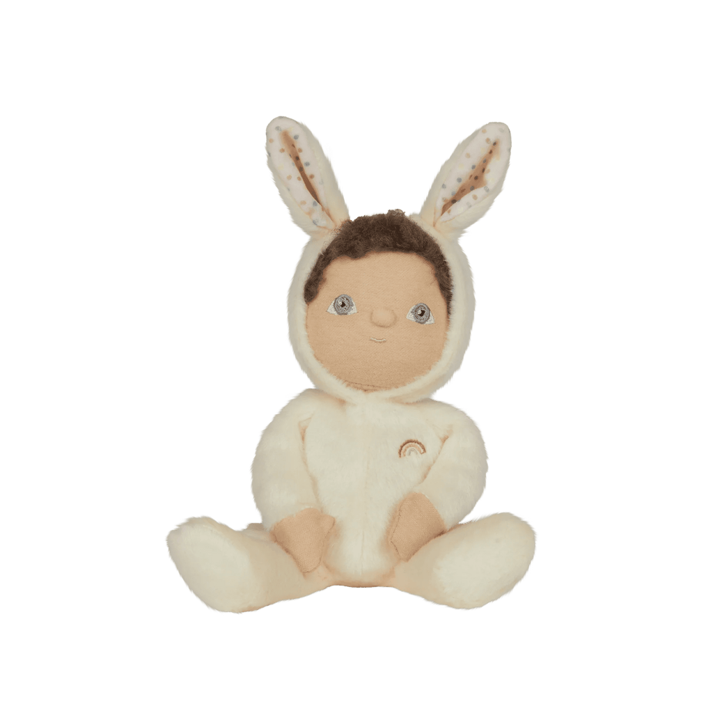 Plush toy baby in a bunny costume on a white background