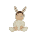 Plush toy baby in a bunny costume on a white background