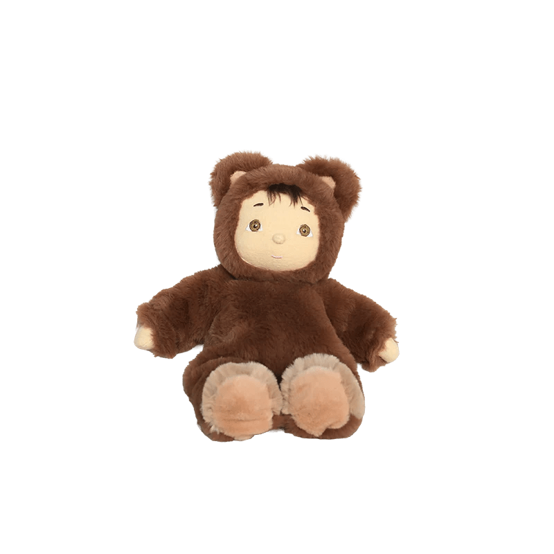Plush toy in a brown bear costume on a white background