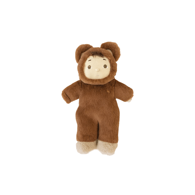 Brown plush toy with bear ears on a white background