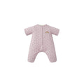 A light pink baby sleep suit with a small rainbow graphic on the chest, displayed on a solid white background.