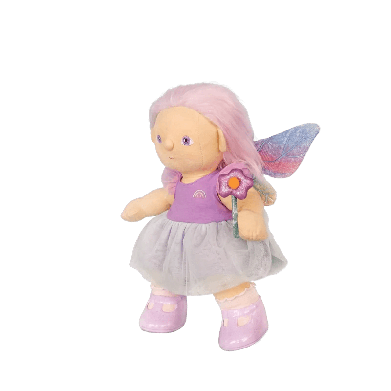 Fairy doll with pink hair, purple dress, and fairy wings on a white background