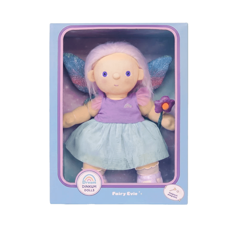 Fairy Eve plush doll in its original packaging, featuring a lavender-haired doll with blue wings, a purple top, and a light blue skirt, holding a small purple flower.