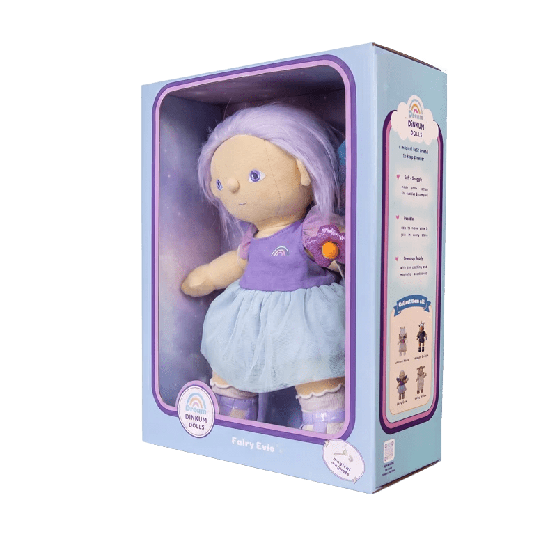 Toy doll with purple hair and outfit in a packaging box on a white background