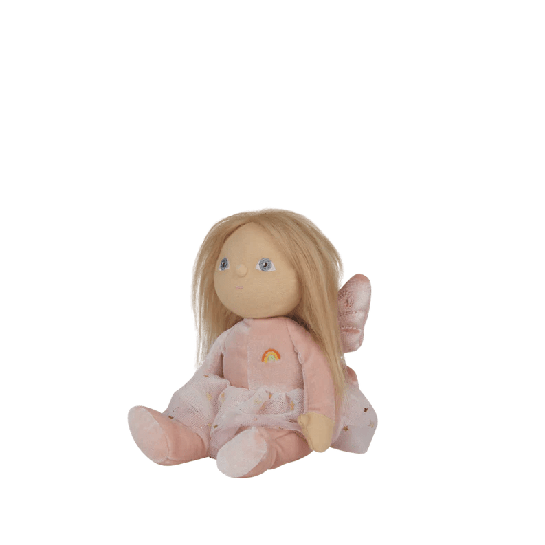 Plush fairy doll with blonde hair, blue eyes, and pink outfit on a white background