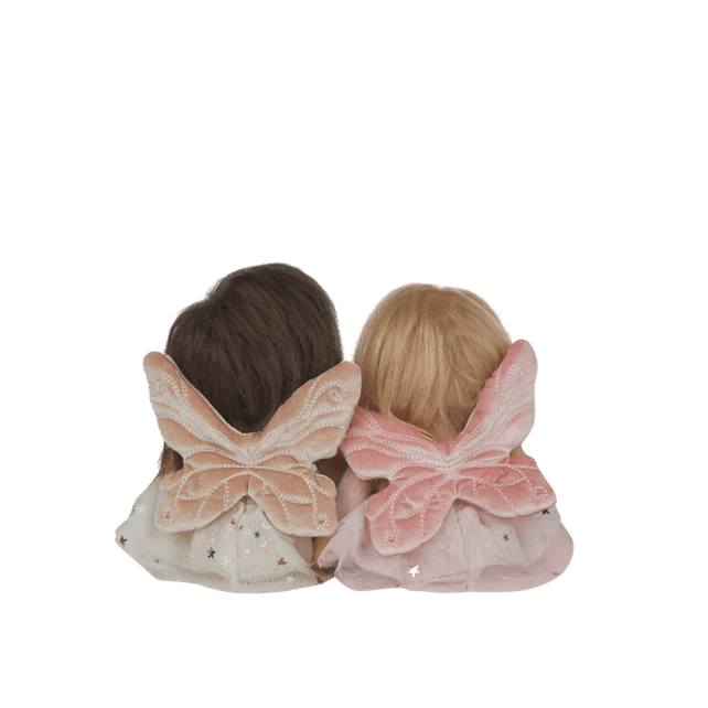 Two dolls with butterfly wings on a white background