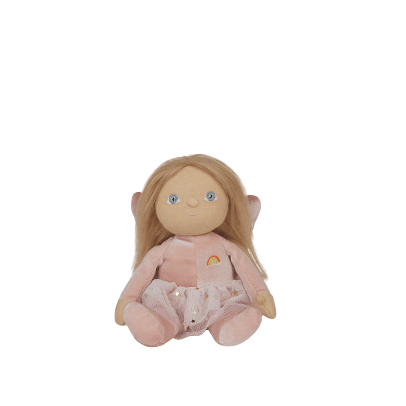 Plush toy fairy with blonde hair and blue eyes wearing a pink outfit on a white background