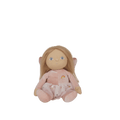 Plush toy fairy with blonde hair and blue eyes wearing a pink outfit on a white background