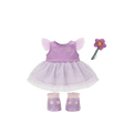Purple fairy-themed dress with wings and a flower wand on a white background