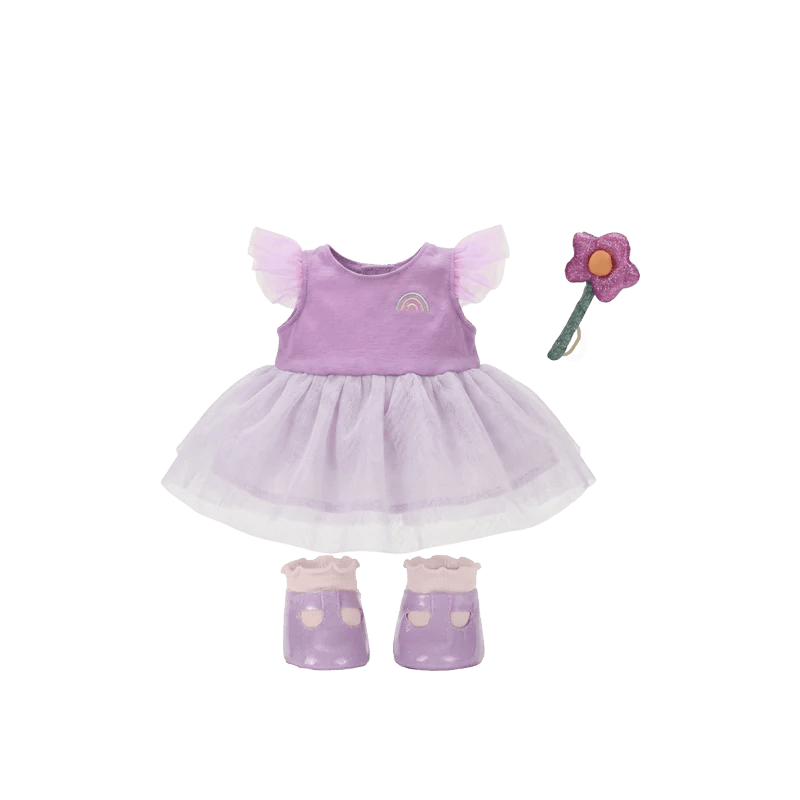 Purple fairy-themed dress with wings and a flower wand on a white background