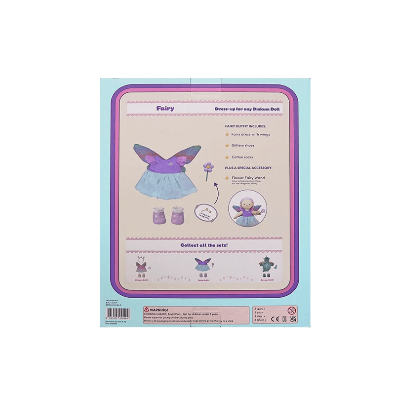 The back of a product box for a 'Fairy' dress-up set, showing illustrations of a purple and blue fairy outfit, accessories, and instructions on how to use the set.